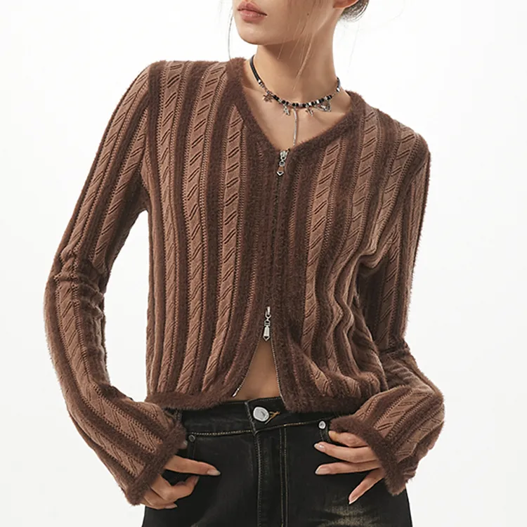 custom-fuzzy-striped-zip-up-knit-jacket-brown