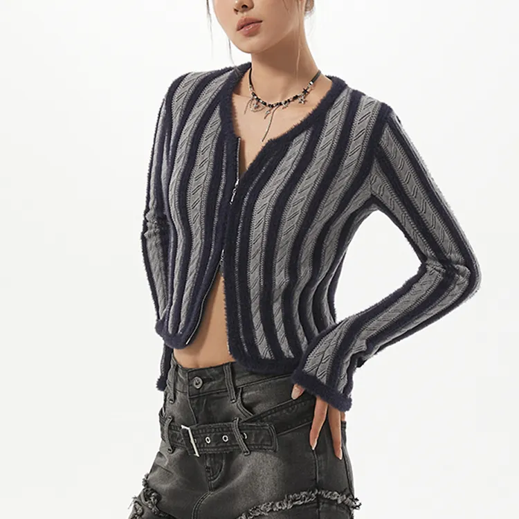 custom-fuzzy-striped-zip-up-knit-jacket-model-showcase-grey