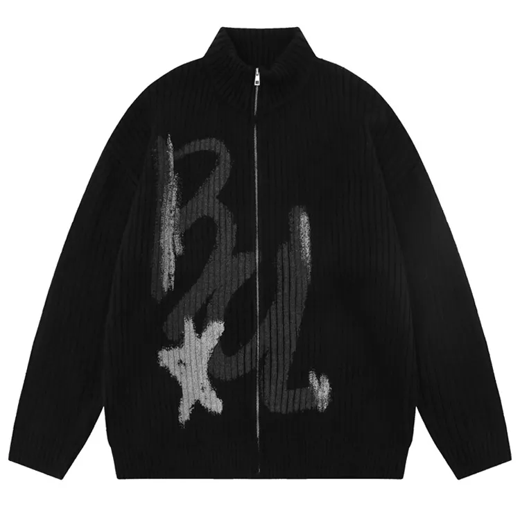 custom-graphic-ribbed-zip-up-knit-jacket-black
