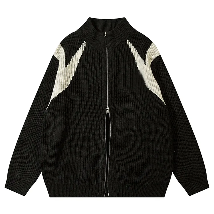 custom-graphic-two-tone-zip-up-knit-jacket-black