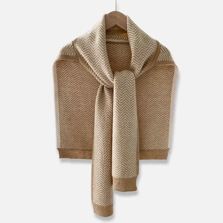 custom-herringbone-jacquard-knit-poncho-scarf-beige