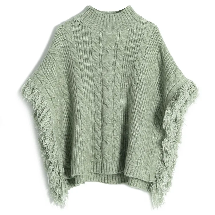custom-mock-neck-cable-knit-fringe-poncho-green