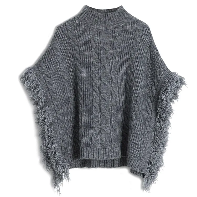 custom-mock-neck-cable-knit-fringe-poncho-grey