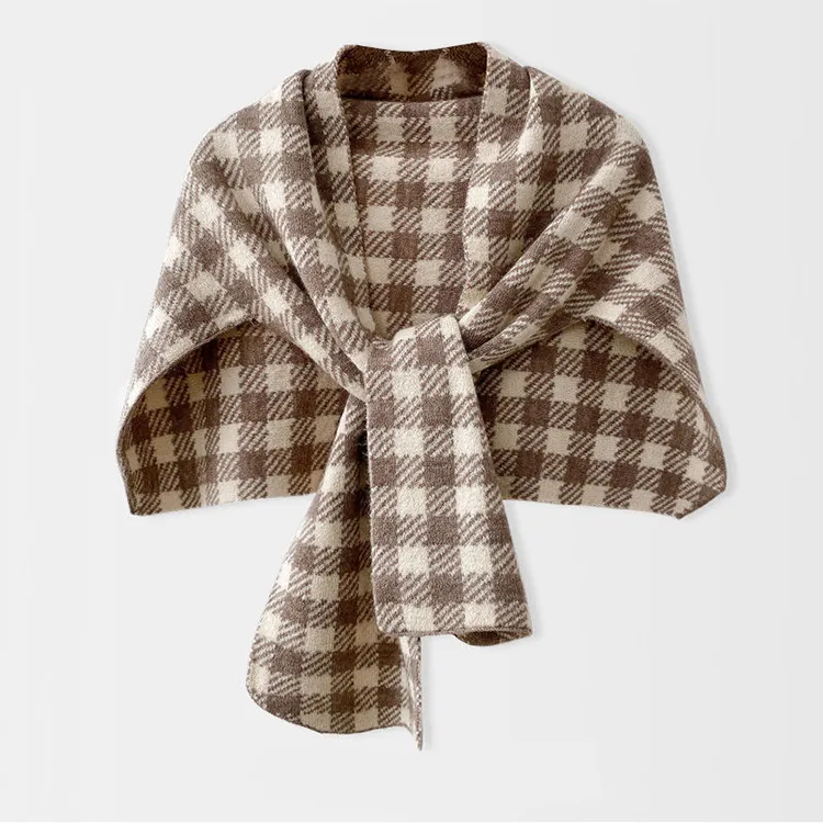 custom-plaid-intarsia-knit-poncho-scarf-wrap-brown