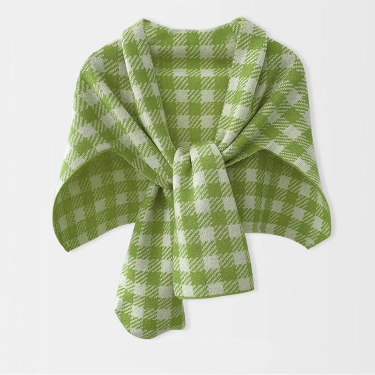 custom-plaid-intarsia-knit-poncho-scarf-wrap-green