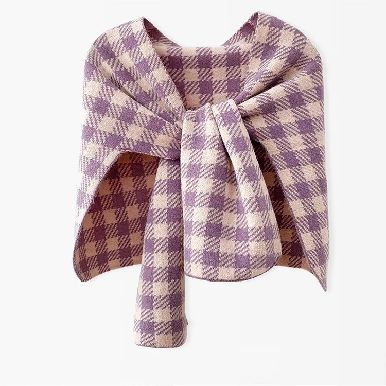 custom-plaid-intarsia-knit-poncho-scarf-wrap-pink