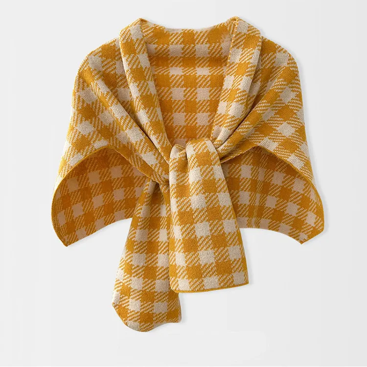 custom-plaid-intarsia-knit-poncho-scarf-wrap-yellow