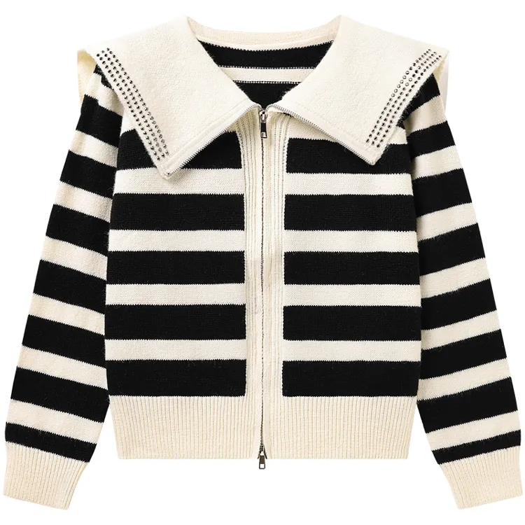 custom-striped-sailor-collar-zip-up-knit-jacket-black