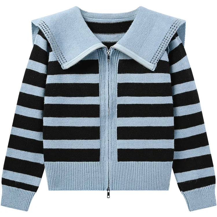 custom-striped-sailor-collar-zip-up-knit-jacket-blue