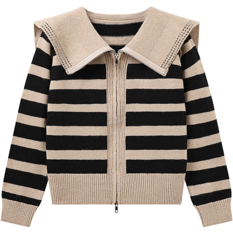 custom-striped-sailor-collar-zip-up-knit-jacket-brown