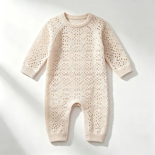 openwork crochet knit baby romper snap closure beige