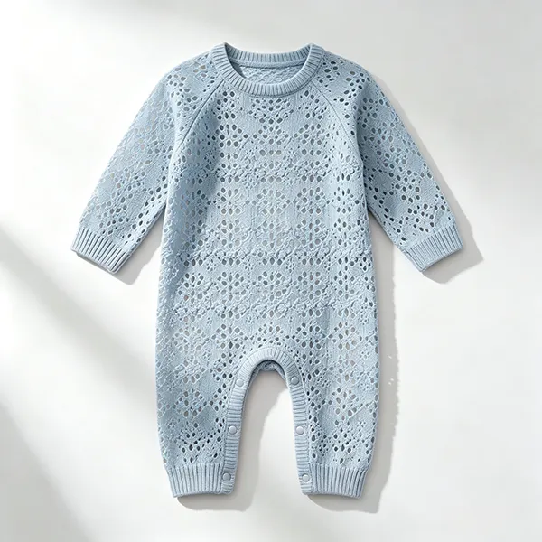 openwork crochet knit baby romper snap closure blue