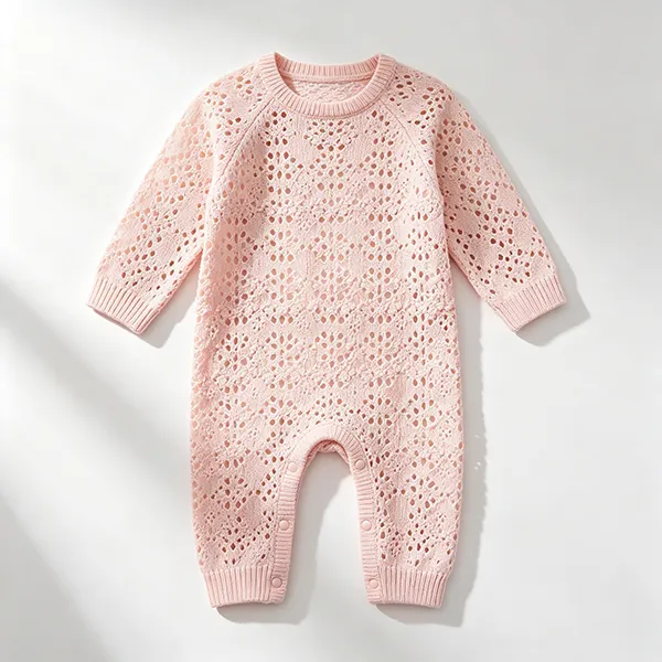 openwork crochet knit baby romper snap closure front
