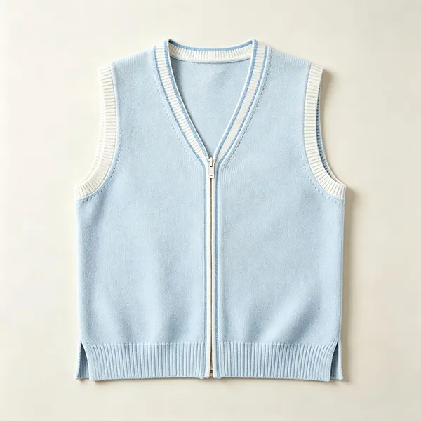 knitted v-neck zip medical scrub vest ribbed trim