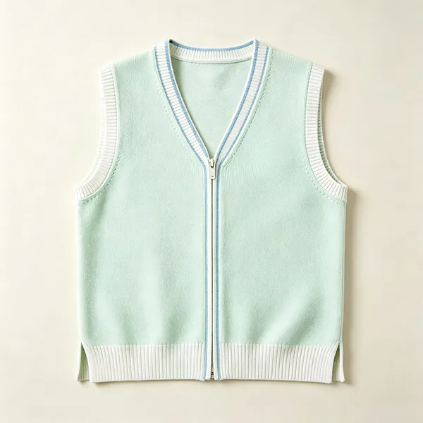 knitted v-neck zip medical scrub vest ribbed trim green