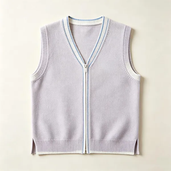knitted v-neck zip medical scrub vest ribbed trim purple