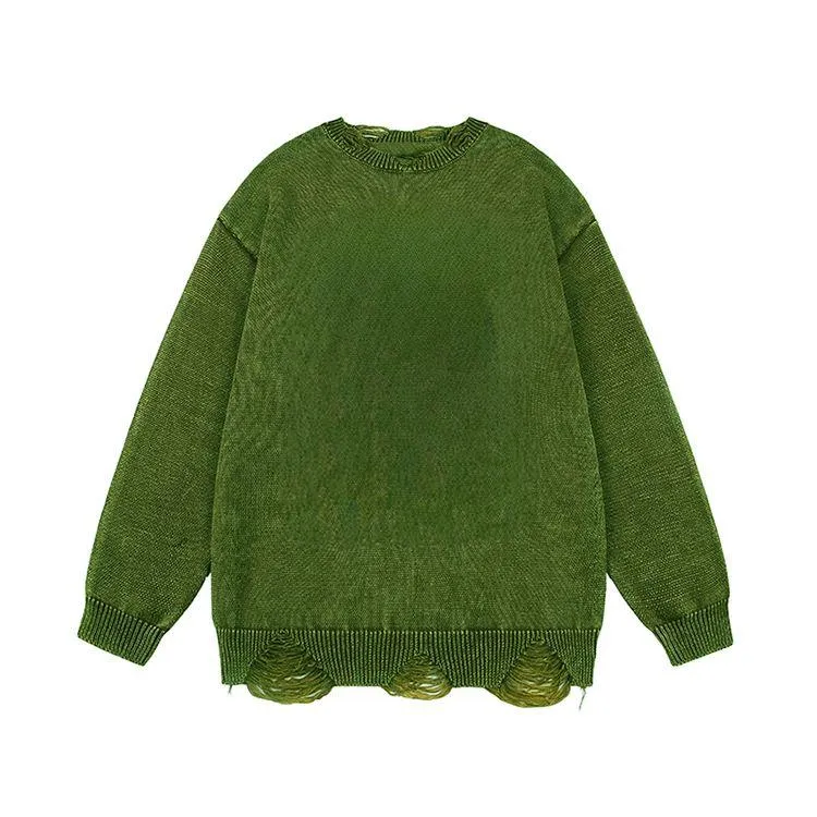 mens oversized ripped jacquard knit pullover sweater green