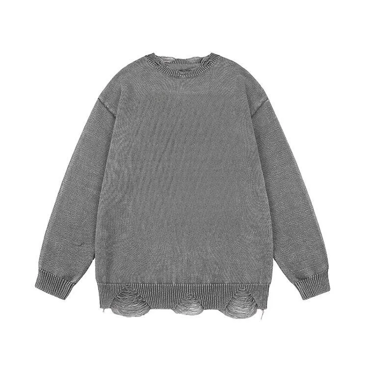 mens oversized ripped jacquard knit pullover sweater grey