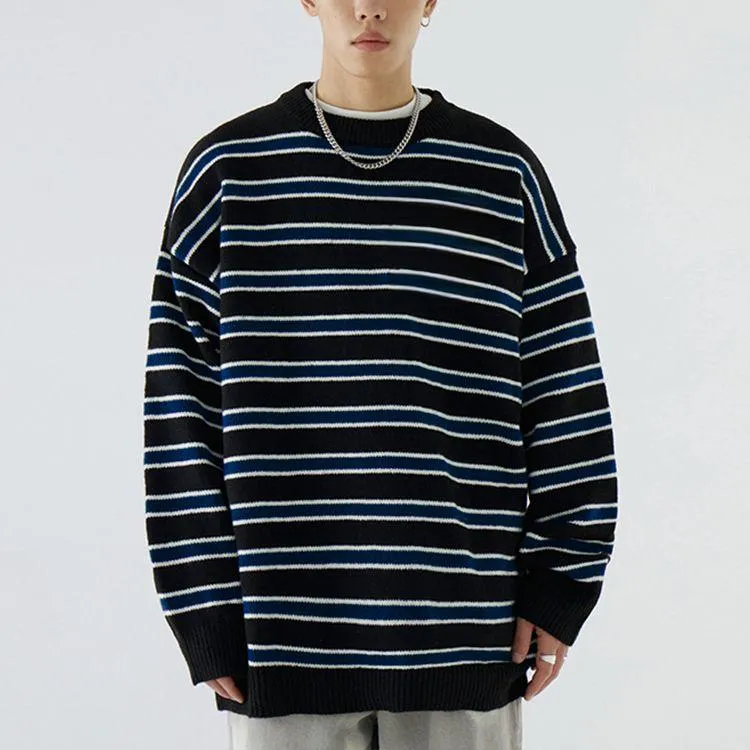 mens oversized striped embroidery sweater black and blue