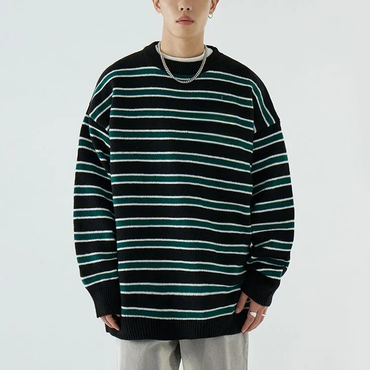 mens oversized striped embroidery sweater black and green
