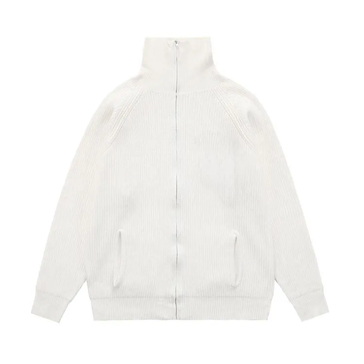 mens ribbed knit full zip jacket white