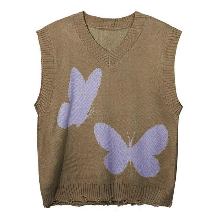 oversized butterfly knit vest brown