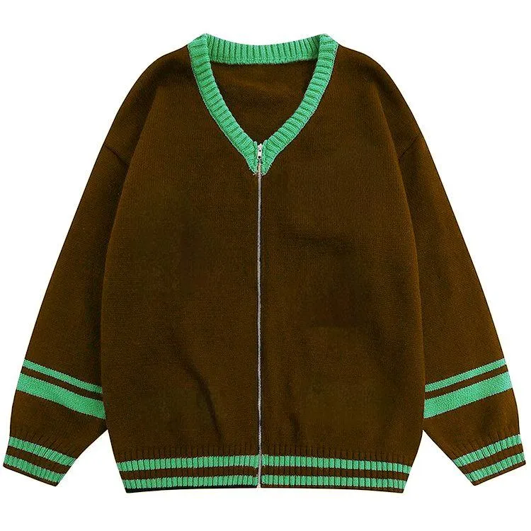 oversized varsity knit zip up jacket brown