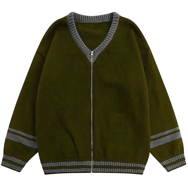 oversized varsity knit zip up jacket grey