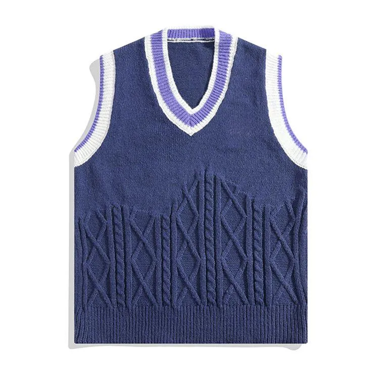 preppy cable knit sweater vest mixed stitch blue