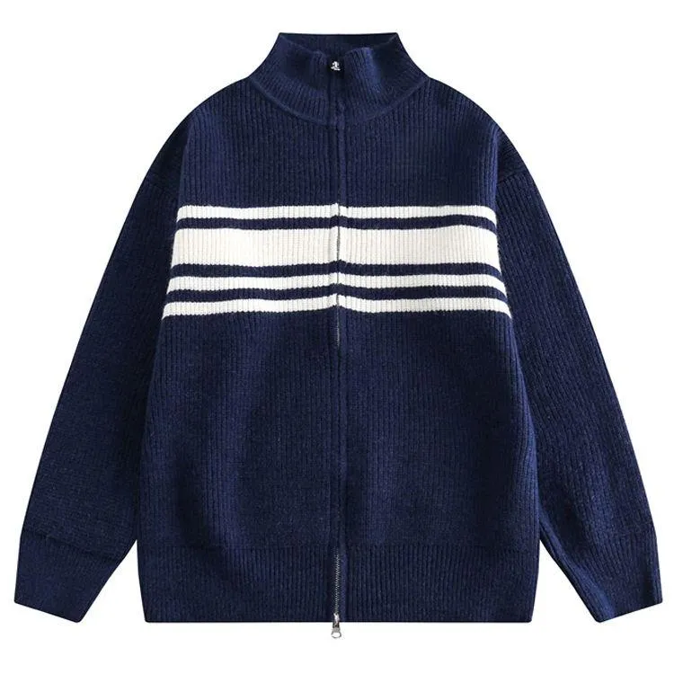 striped varsity zip up knit jacket
