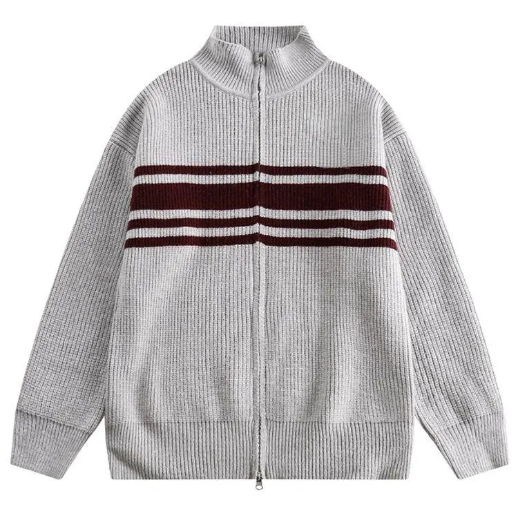striped varsity zip up knit jacket grey