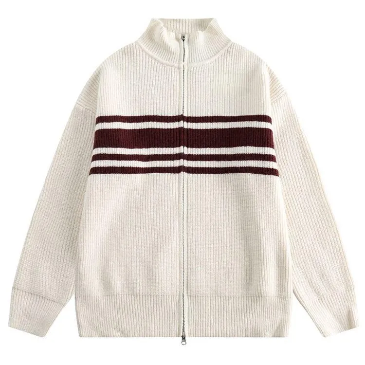 striped varsity zip up knit jacket white
