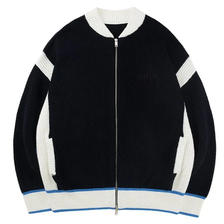 varsity color block knit zip up jacket black