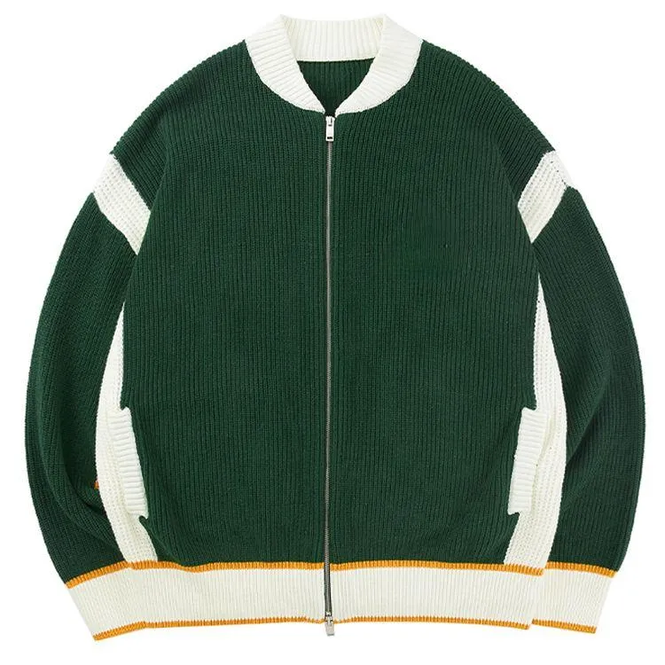 varsity color block knit zip up jacket green