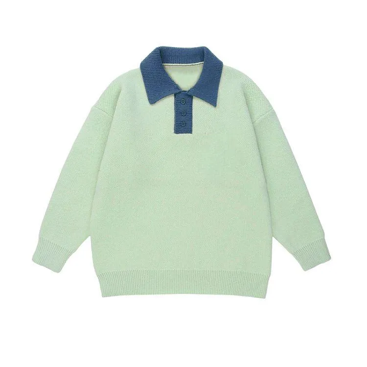varsity contrast polo knit sweater green