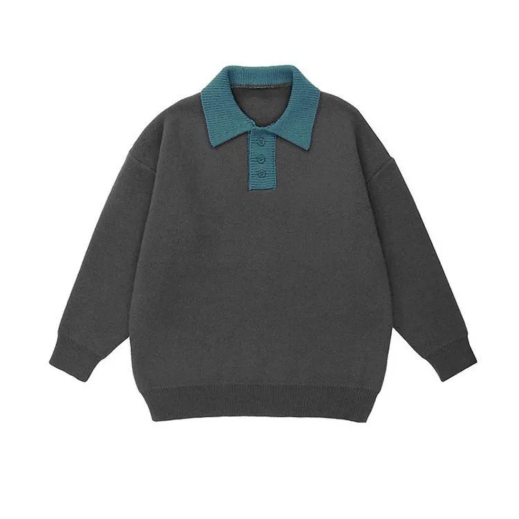 varsity contrast polo knit sweater grey