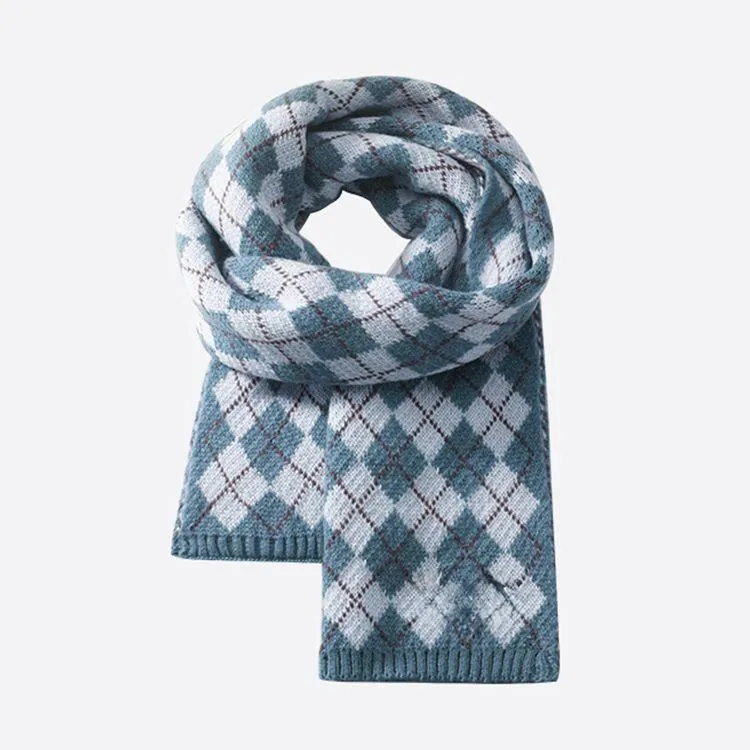 argyle pattern knit scarf blue