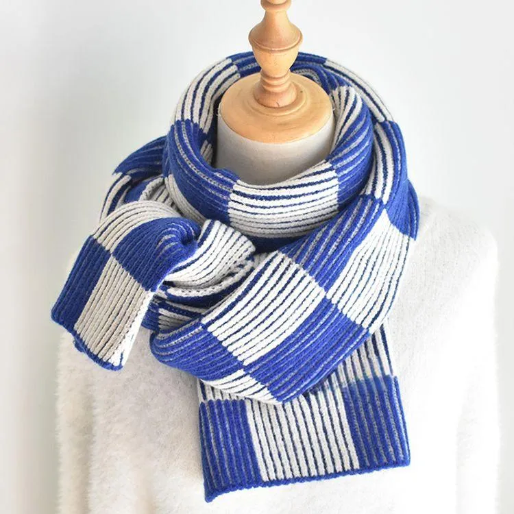 checkerboard ribbed knit scarf blue