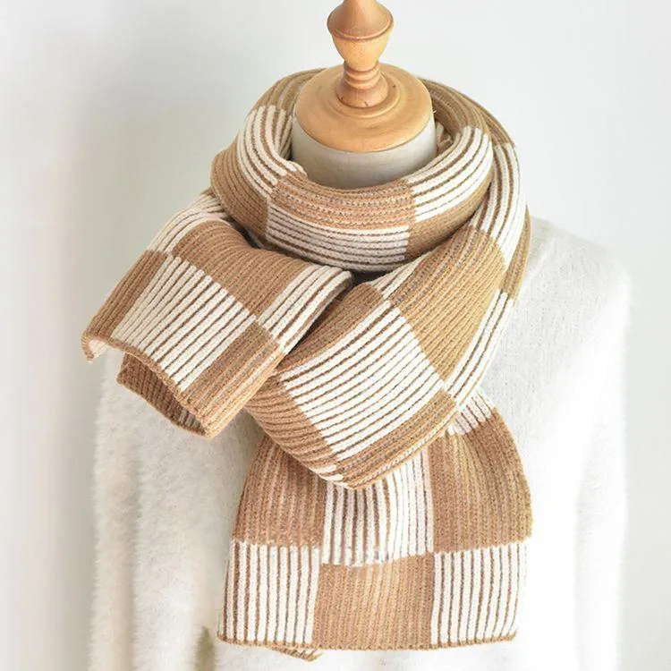 checkerboard ribbed knit scarf brown