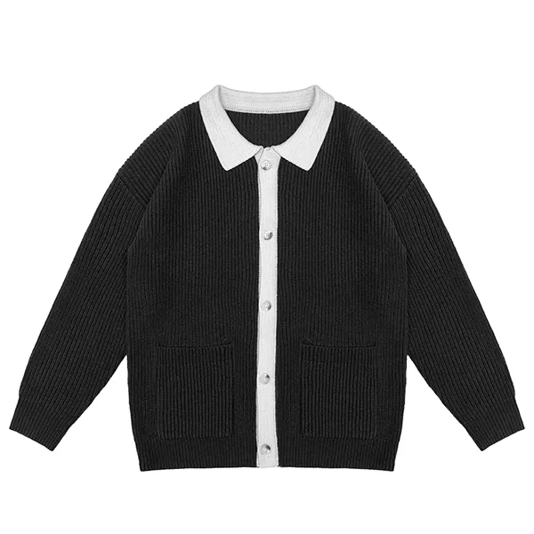 black relaxed fit ribbed knit collared cardigan patch pockets