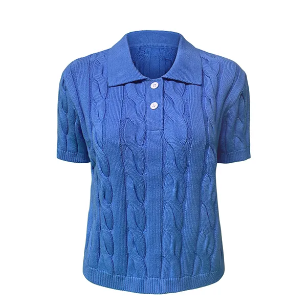 blue cable knit short sleeve pullover polo shirt