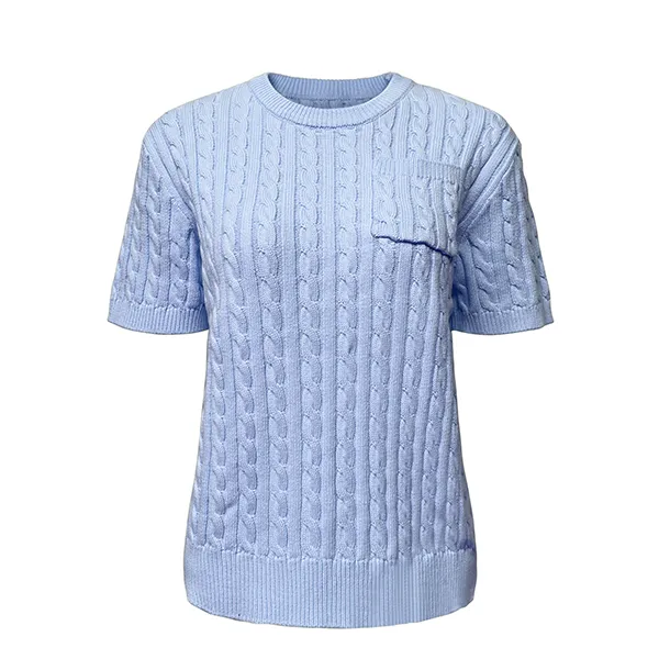 cable knit short sleeve crewneck pullover chest pocket blue