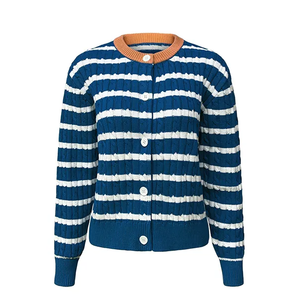 striped cable knit button up cardigan contrast collar