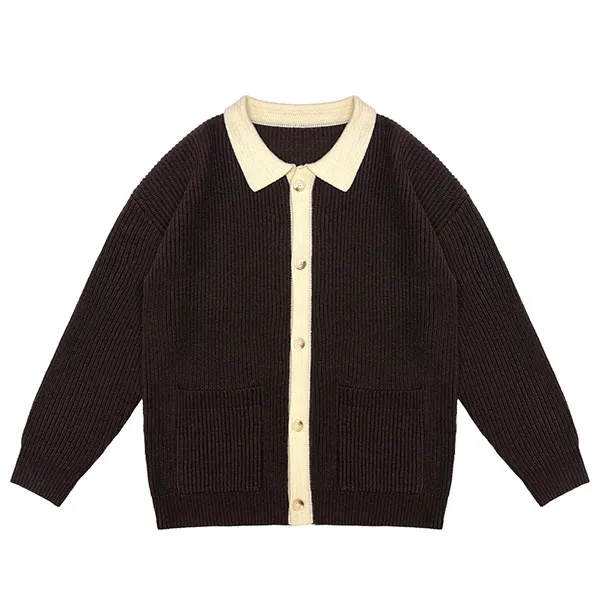 relaxed fit ribbed knit collared cardigan patch pockets