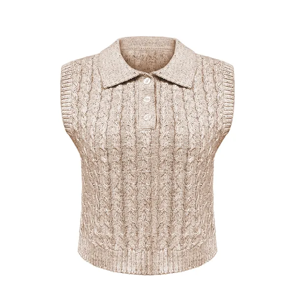 cable knit sleeveless polo sweater vest button placket beige