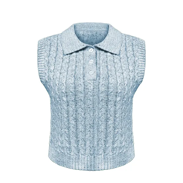 cable knit sleeveless polo sweater vest button placket blue