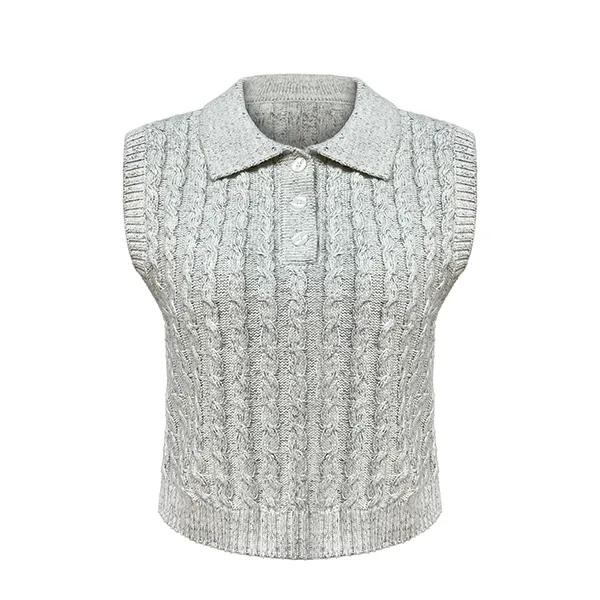 cable knit sleeveless polo sweater vest button placket grey