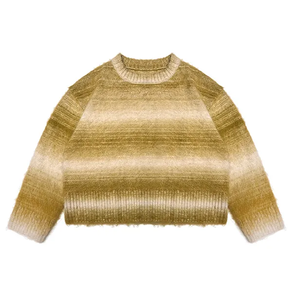 fuzzy knit ombre striped cropped crewneck pullover brown