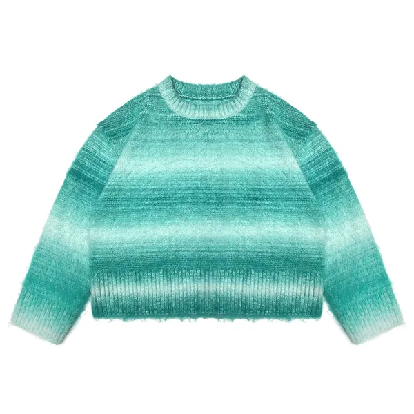 fuzzy knit ombre striped cropped crewneck pullover cyan