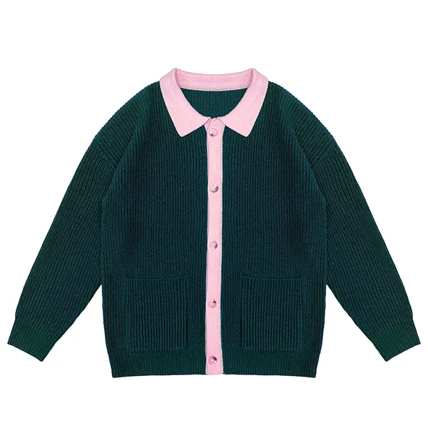 green relaxed fit ribbed knit collared cardigan patch pockets